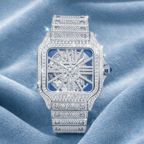 Santos-style Skeleton Bust Down Moissanite Watch
